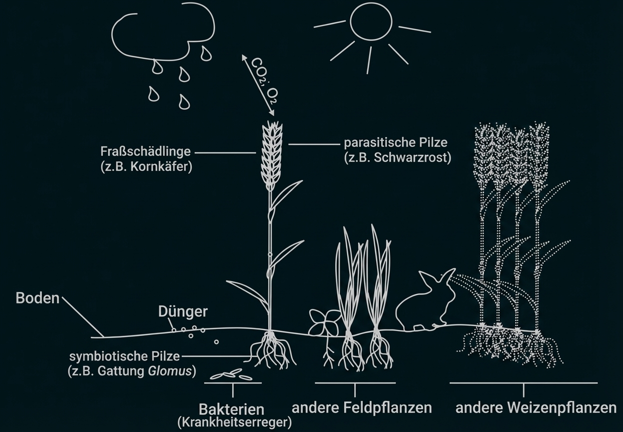 Schematische Darstellung: Weizenpflanze mit Wurzeln, Pilzen, Bakterien, Dünger, Sonne, Regen.